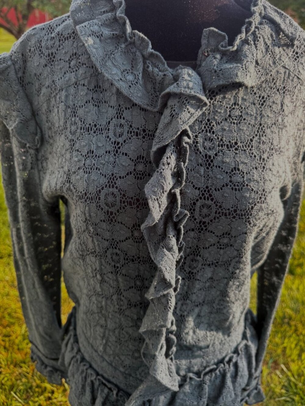 Jill Stuart Forest Green Ruffle Lace Snap Front Sweater Cardigan Fairycore Large